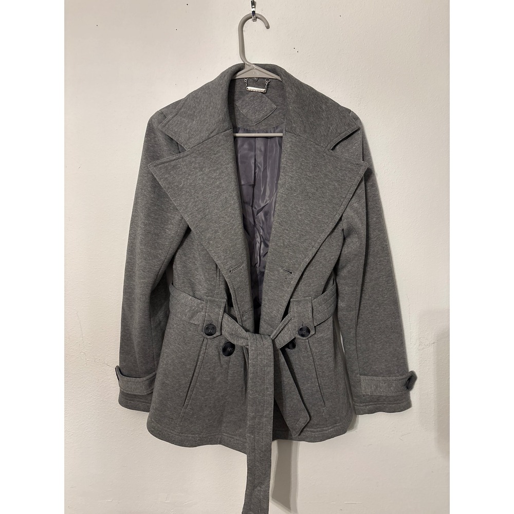 Joujou Peacoat Women Medium Gray Excellent Double Breasted Belted Soft Knit